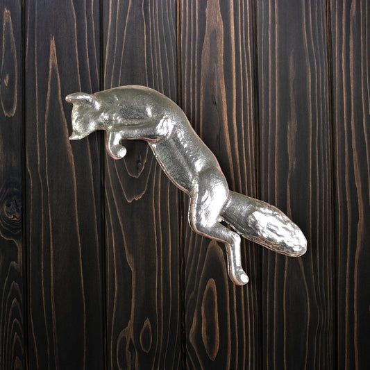 Fox Brooch (Leaping Fox), Handcast Pewter, Polished Finish