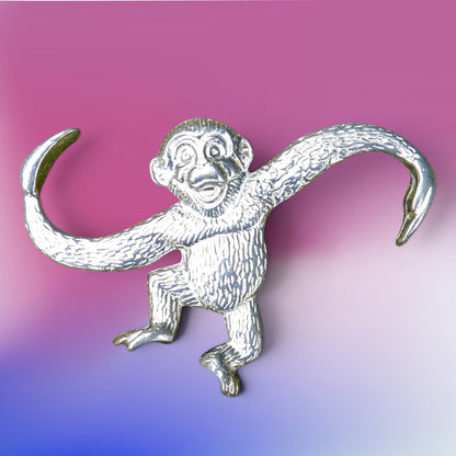 Monkey Brooch, Handcast Pewter, Polished Finish