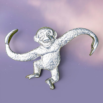 Monkey Brooch, Handcast Pewter, Polished Finish
