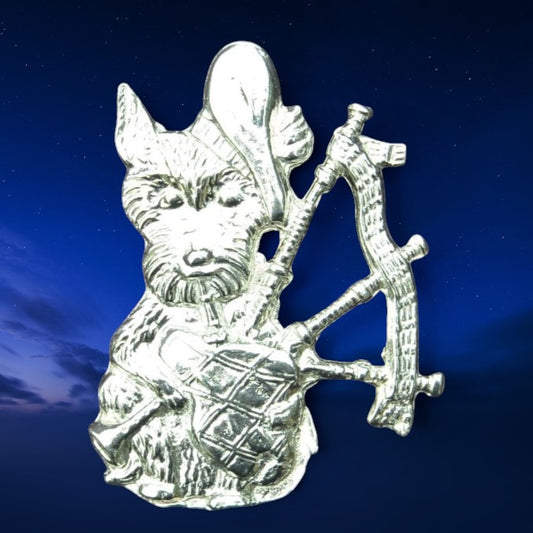 Scottish Terrier with Bagpipes Brooch, Handcast Pewter, Polished Finish