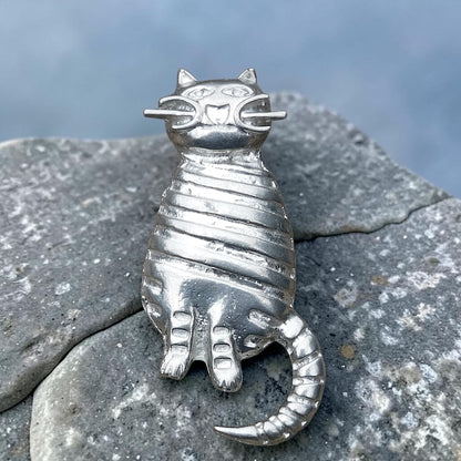 Cat Brooch, (Striped Design), Handcast Pewter, Polished Finish