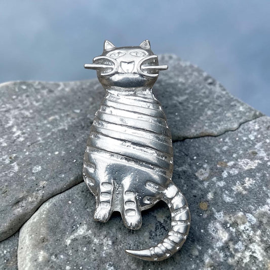 Cat Brooch, (Striped Design), Handcast Pewter, Polished Finish