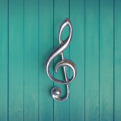 Treble Clef Brooch, Handcast Pewter, Polished Finish