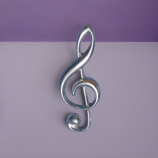 Treble Clef Brooch, Handcast Pewter, Polished Finish