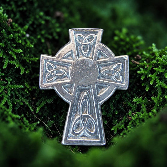 Celtic Cross Brooch (Larger Trinity Cross), Handcast Pewter, Polished Finish