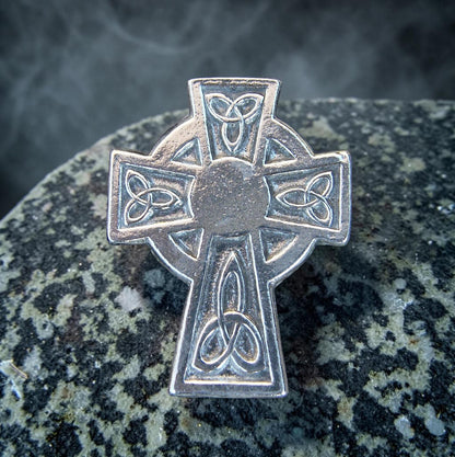 Celtic Cross Brooch (Larger Trinity Cross), Handcast Pewter, Polished Finish