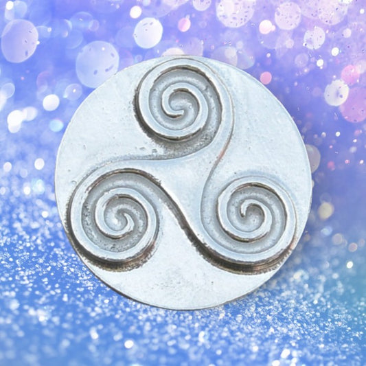 Triskele Brooch, Round, Handcast Pewter, Polished Finish