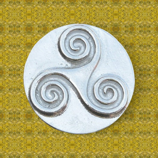 Triskele Brooch, Round, Handcast Pewter, Polished Finish