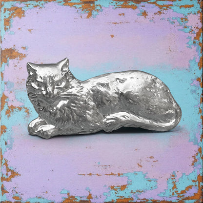 Cat Brooch (Lying Design), Handcast Pewter, Polished Finish