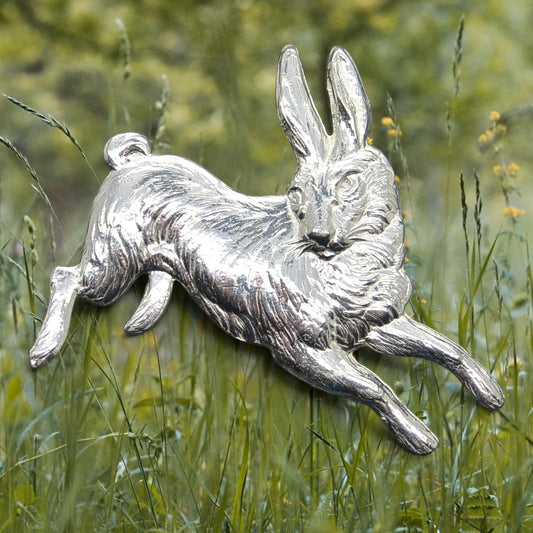 Hare Brooch (Joyful Hare), Handcast Pewter, Polished Finish