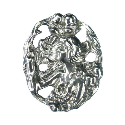 Art Nouveau Girl With Flowers Brooch, Handcast Pewter, Polished Finish
