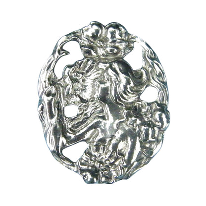 Art Nouveau Girl With Flowers Brooch, Handcast Pewter, Polished Finish