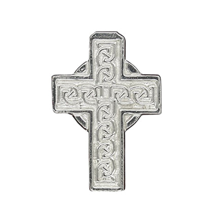Celtic Cross Brooch (Engraved Knotwork Smaller), Handcast Pewter, Polished Finish