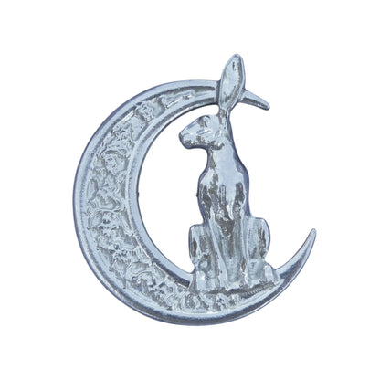 Hare Brooch (Floral Moon, Front View), Handcast Pewter, Polished Finish