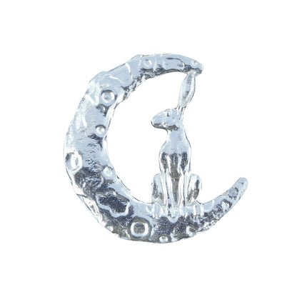 Hare and Moon Brooch (Front View), Handcast Pewter, Polished Finish