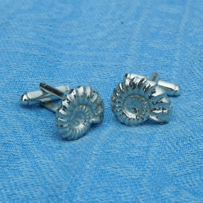 Ammonite Cufflinks (Fossil Design), Handcast Pewter Cufflinks, Polished Finish