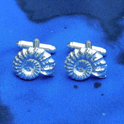 Ammonite Cufflinks (Fossil Design), Handcast Pewter Cufflinks, Polished Finish