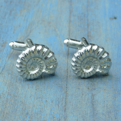 Ammonite Cufflinks (Fossil Design), Handcast Pewter Cufflinks, Polished Finish
