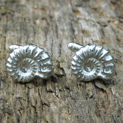 Ammonite Cufflinks (Fossil Design), Handcast Pewter Cufflinks, Polished Finish