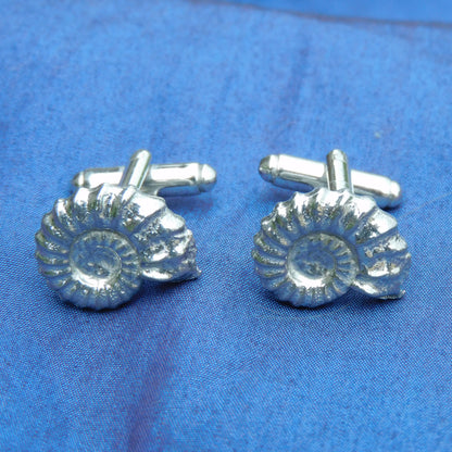 Ammonite Cufflinks (Fossil Design), Handcast Pewter Cufflinks, Polished Finish