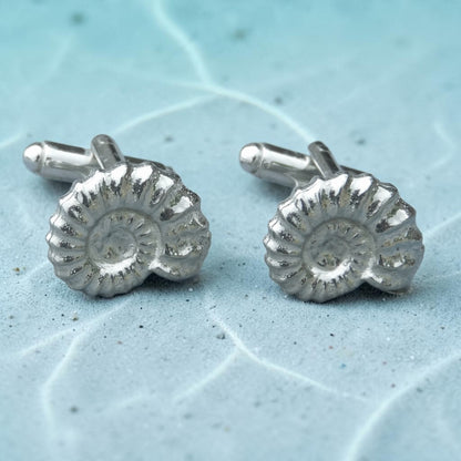 Ammonite Cufflinks (Fossil Design), Handcast Pewter Cufflinks, Polished Finish