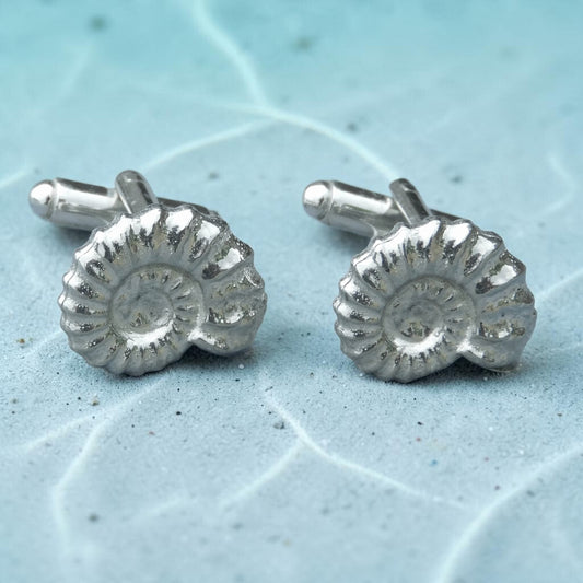 Ammonite Cufflinks (Fossil Design), Handcast Pewter Cufflinks, Polished Finish