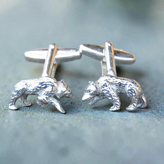 Bear Cufflinks, Handcast Pewter Cufflinks, Polished Finish