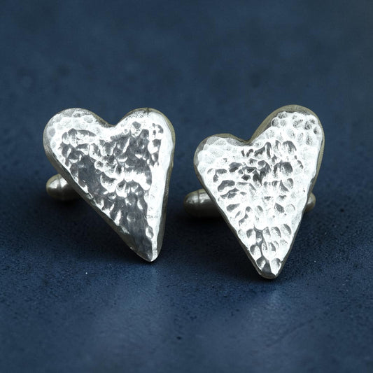 Hammered Heart Cufflinks (Large Design), Handcast Pewter Cufflinks, Polished Finish