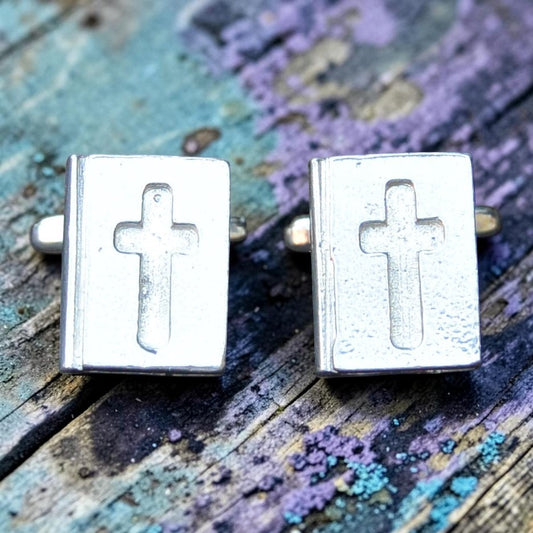 Bible Cufflinks (Inset Cross Design), Handcast Pewter Cufflinks, Polished Finish