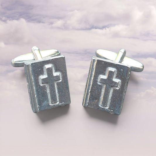 Bible Cufflinks (Raised Cross Design), Handcast Pewter Cufflinks, Polished Finish