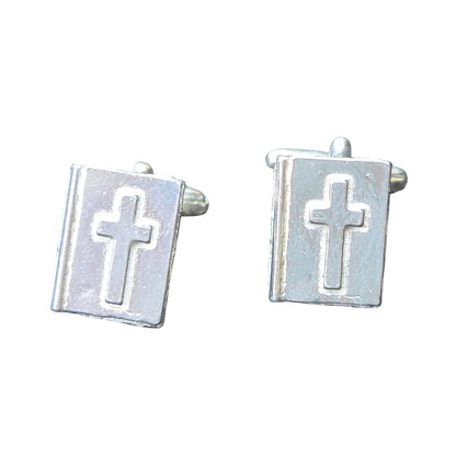 Bible Cufflinks (Raised Cross Design), Handcast Pewter Cufflinks, Polished Finish