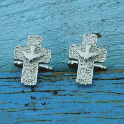 Cross and Dove Cufflinks, Handcast Pewter Cufflinks, Polished Finish