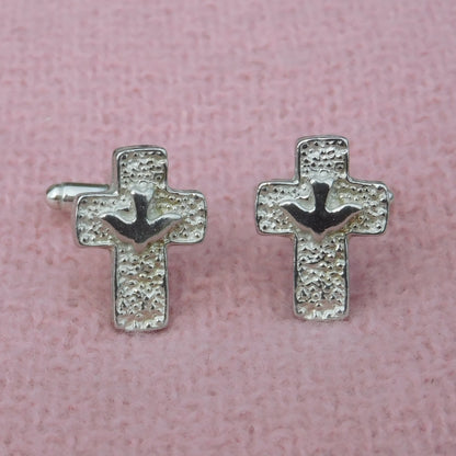 Cross and Dove Cufflinks, Handcast Pewter Cufflinks, Polished Finish
