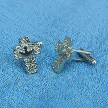 Cross and Dove Cufflinks, Handcast Pewter Cufflinks, Polished Finish