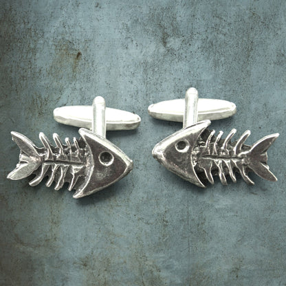Fish Skeleton Cufflinks, Handcast Pewter Cufflinks, Polished Finish