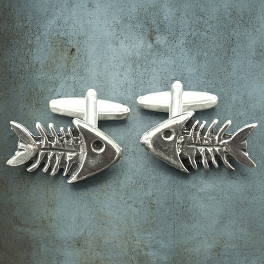 Fish Skeleton Cufflinks, Handcast Pewter Cufflinks, Polished Finish