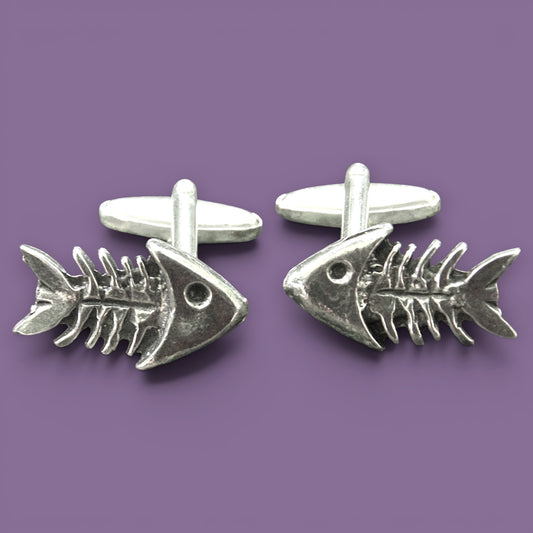 Fish Skeleton Cufflinks, Handcast Pewter Cufflinks, Polished Finish
