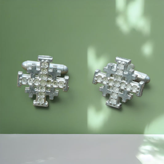 Jerusalem Cross Cufflinks (Dimpled Design), Handcast Pewter Cufflinks, Polished Finish