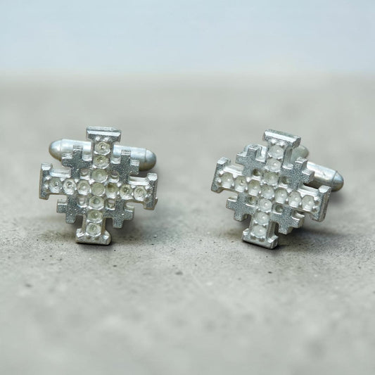 Jerusalem Cross Cufflinks (Dimpled Design), Handcast Pewter Cufflinks, Polished Finish