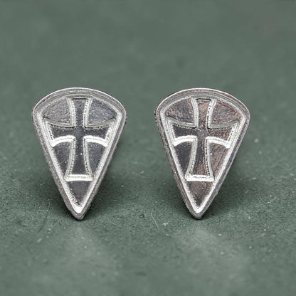 Knights Templar Cufflinks (Long Shield, Inset Cross), Handcast Pewter Cufflinks, Polished Finish