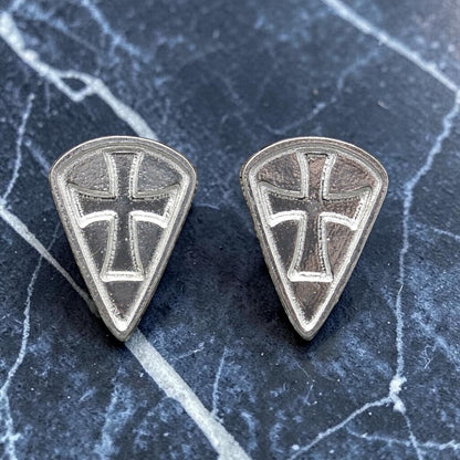 Knights Templar Cufflinks (Long Shield, Inset Cross), Handcast Pewter Cufflinks, Polished Finish