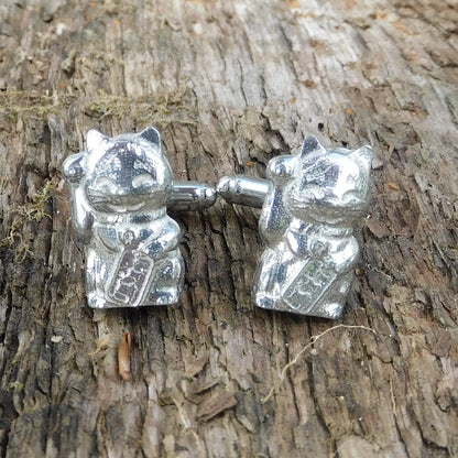 Beckoning Cat Cufflinks (Maneki Neko), Handcast Pewter Cufflinks, Polished Finish