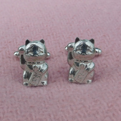 Beckoning Cat Cufflinks (Maneki Neko), Handcast Pewter Cufflinks, Polished Finish