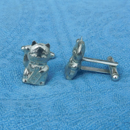 Beckoning Cat Cufflinks (Maneki Neko), Handcast Pewter Cufflinks, Polished Finish