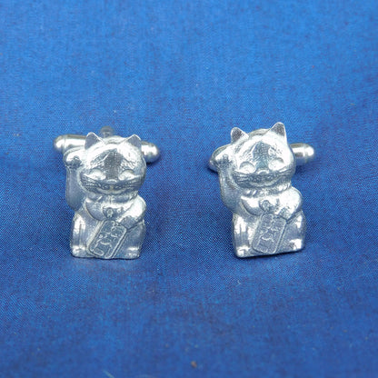 Beckoning Cat Cufflinks (Maneki Neko), Handcast Pewter Cufflinks, Polished Finish