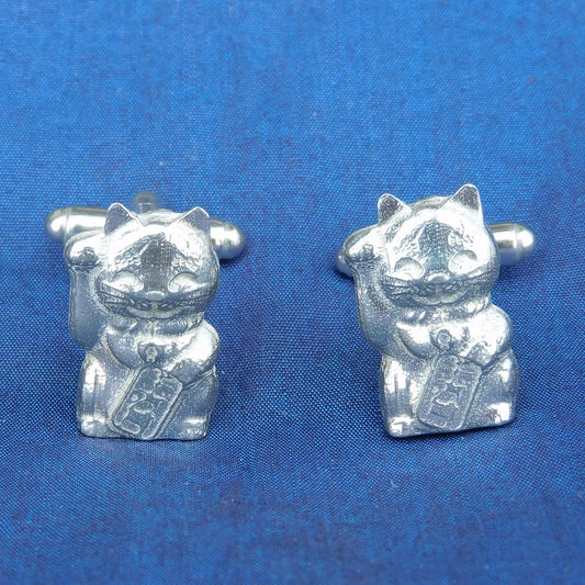 Beckoning Cat Cufflinks (Maneki Neko), Handcast Pewter Cufflinks, Polished Finish
