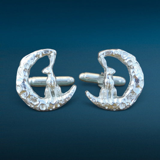 Hare and Moon Cufflinks (Forward Facing), Handcast Pewter Cufflinks, Polished Finish