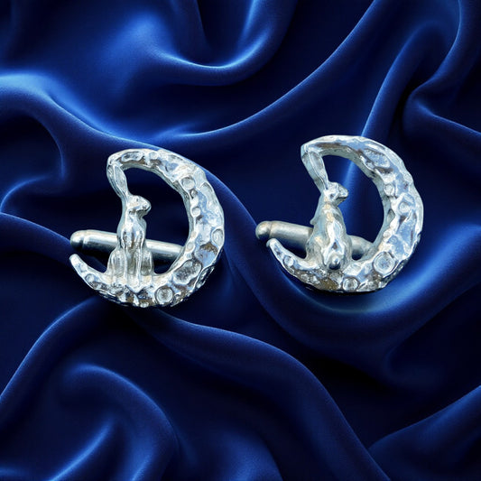 Hare and Moon Cufflinks, Handcast Pewter Cufflinks, Polished Finish