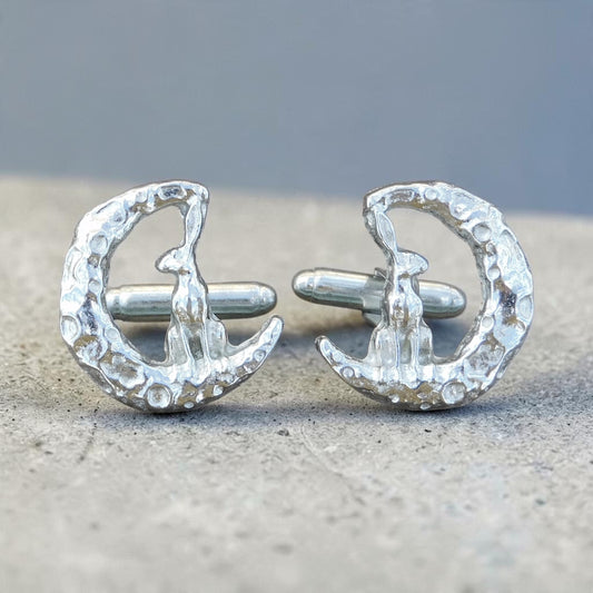 Hare and Moon Cufflinks (Forward Facing), Handcast Pewter Cufflinks, Polished Finish