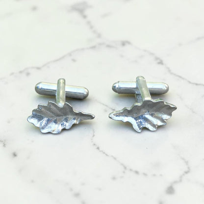 Oak Leaf Cufflinks (Small Design), Handcast Pewter Cufflinks, Polished Finish